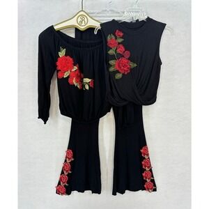 Black Rose Embroidered Bell Bottom Pants and Top Set SMALL‎ Vintage y2k Feminine